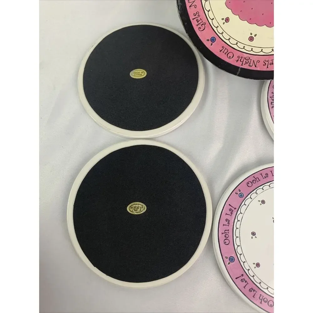 Set of 4 Girls Night Out Ceramic Coasters in Box Pink Black Foam Back 4